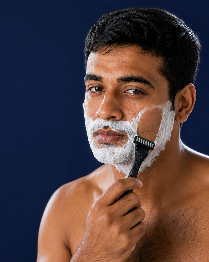 A man mid-shave, foam on, getting on with his morning